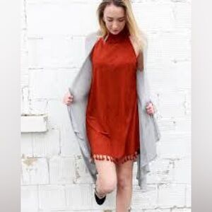 Entro Sleeveless Faux Suede Tassel-Hem Mini Dress in Rust Size M